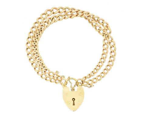 A 9ct gold bracelet, the double graduated curb link chains with heart shape padlock clasp, hallmarks for London, length 19cm,