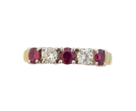 An 18ct gold ruby and diamond five stone ring, the circular shape ruby and brilliant cut diamond line with polished shoulders