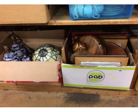 Three boxes of assorted, to include a Tiffany style lamp