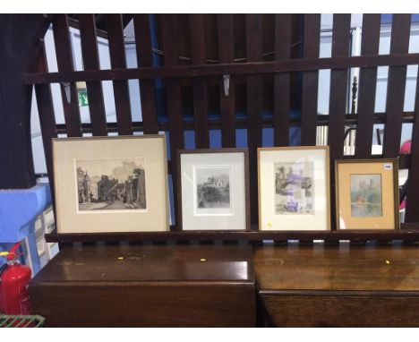 Three prints and a small watercolour of Durham