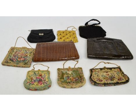 A group of various vintage bags and purses including two crocodile skin examples, four embroidered examples, a beaded example