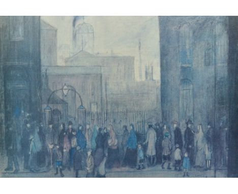 LAURENCE STEPHEN LOWRY (1887-1976); an unsigned limited edition coloured print, people queuing, 789/850, with blind stamp let