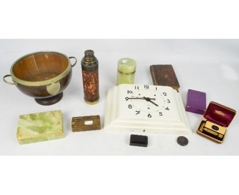 A quantity of collectors' items comprising a brass mounted coopered oak footed bowl, diameter 22cm, two onyx cigarette boxes,