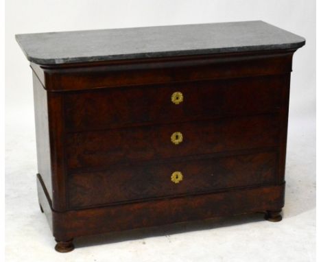 A 19th century French mahogany commode, the grey veined marble top above cushion drawer and three further drawers over a broa