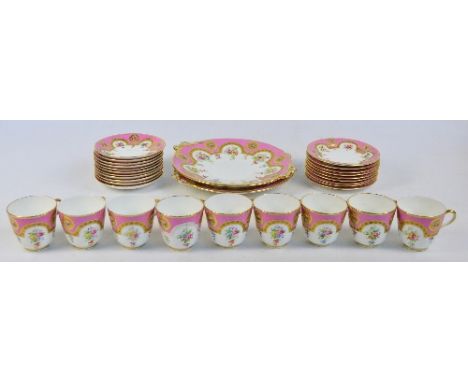 A 19th century English part tea set with transferred, hand coloured and gilt heightened decoration on pink ground, comprising