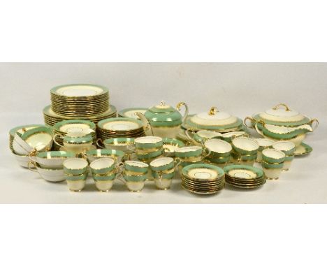 A collection of Aynsley green and yellow gilt heightened dinner and teaware comprising twelve dinner plates, twelve side plat