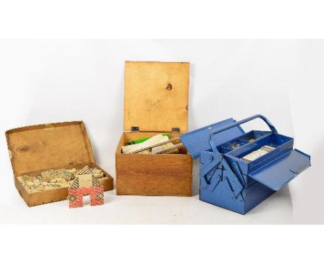 A quantity of Meccano parts and group of manuals, contained in a toolbox and a wooden box, also boxed Lott's Tudor Blocks.