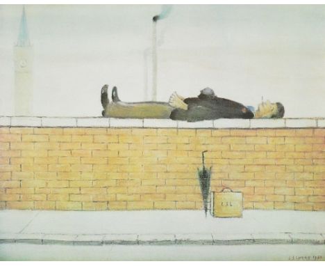 LAURENCE STEPHEN LOWRY (1887-1976); a signed limited edition coloured print, "Man Lying on a Wall", signed in pencil to lower
