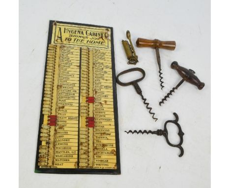 Four vintage simple hand-pull corkscrews, and a "Hygena Cabinet Brings Joy To The Home" shopping list card (5).