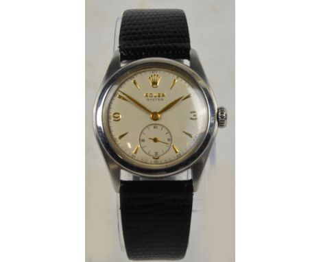 ROLEX; a gentleman's 1950s stainless steel Oyster wristwatch with circular dial set with subsidiary seconds hand and replaced