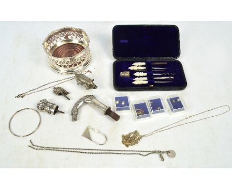Three pairs of ear studs, an Art Nouveau style pendant on chain, various other chains, a pig base metal vesta, three walking 