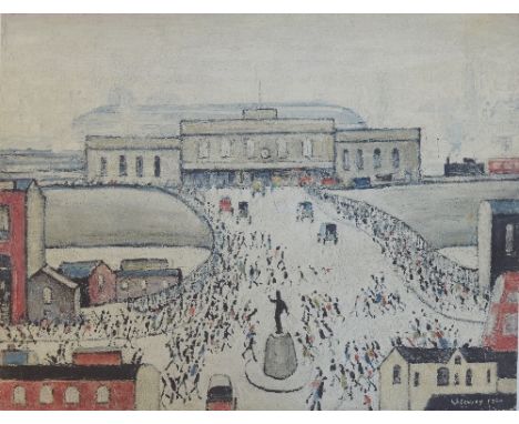 LAURENCE STEPHEN LOWRY (1887-1976); a signed limited edition coloured print, "Station Approach", signed in pencil lower right