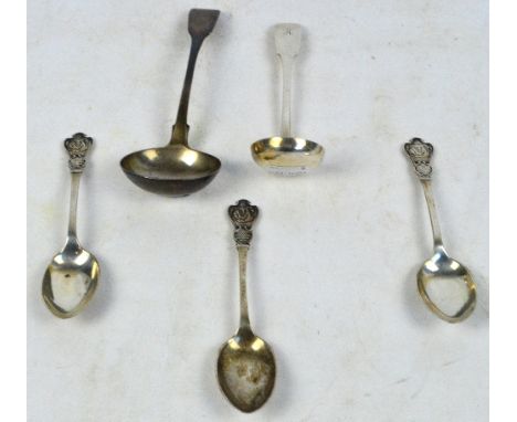 An early Victorian hallmarked silver fiddle pattern sauce ladle with engraved initials to the handle, London 1859, a further 