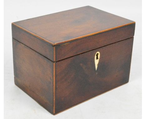 An early 19th century mahogany and boxwood strung simple rectangular two division tea caddy, width 16.8cm.