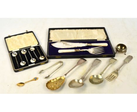 A small group of electroplated cutlery comprising a cased pair of mother of pearl handled fish servers, two plain tablespoons