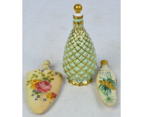 A Royal Worcester floral decorated blush ivory shield shaped scent bottle, green printed marks, date code for 1901, height 9.