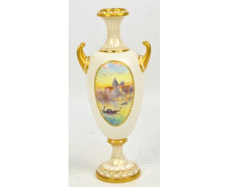 A Royal Worcester finely painted twin handled baluster vase by Harry Davis, the oval vignette decorated with a view of Santa 