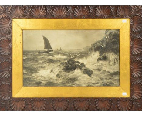 A Macclesfield School of Carving oak frame containing black and white print.