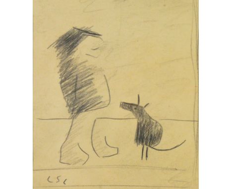 Attributed to LAURENCE STEPHEN LOWRY (1887-1976); pencil sketch, figure and dog, bears initials lower left, 14.5 x 12cm, fram