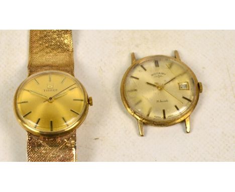 TISSOT; a 9ct yellow gold cased manual wind wristwatch, the champagne dial set with baton numerals and engraved "Tissot", wit