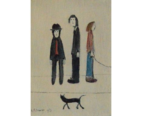 LAURENCE STEPHEN LOWRY (1887-1976); a signed limited edition coloured print "Three Men and a Cat", signed in pen lower right,