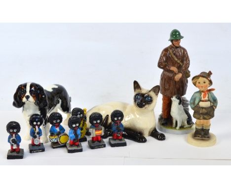 Two Beswick animal figures; Siamese cat, 1559 and a King Charles spaniel "Josephine of Blagreaves", also a Coalport figure "T