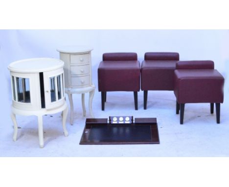 Three maroon leatherette stools, two white bedside cabinets and a desk tidy with swivel clock (6).