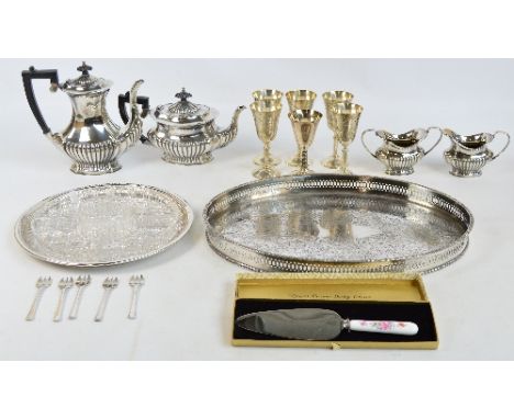 A small quantity of electroplated items including a four piece Sheffield tea and coffee service with part gadrooned decoratio