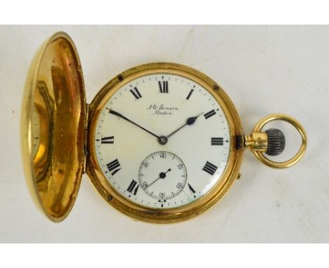 An 18ct gold crown wind full hunter pocket watch with engraved outer case, white enamel dial set with Roman numerals and subs