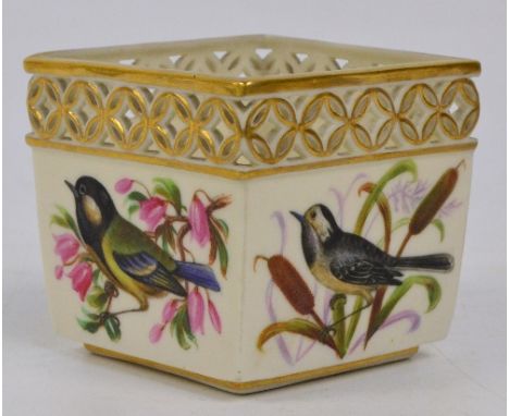 A late 19th century Royal Worcester porcelain planter of square tapering form with reticulated pierced rim hand painted to ea
