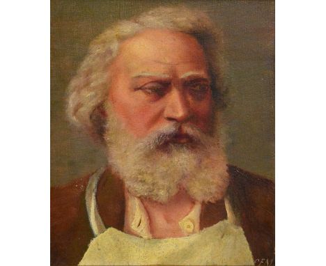 C.F. MADSEN; oil on canvas, "Portrait of a Butcher", signed with initials, with Obro Art Gallery printout verso, 26 x 21cm, f