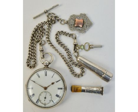 A late 19th century silver cased open face key wind pocket watch, the circular enamel dial set with Roman numerals and subsid