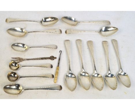 A set of nine George III hallmarked silver Old English pattern teaspoons with initialled finials AB, Peter and William Batema