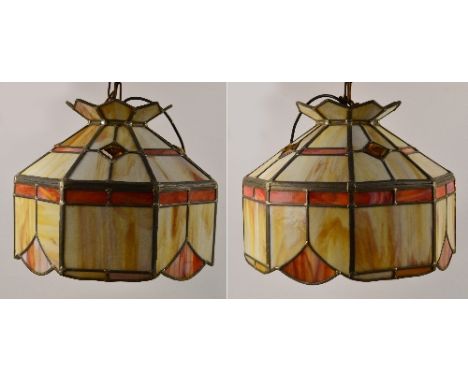 A pair of large octagonal cream and orange marble effect glass ceiling pendants, height of both approx 40cm. CONDITION REPORT