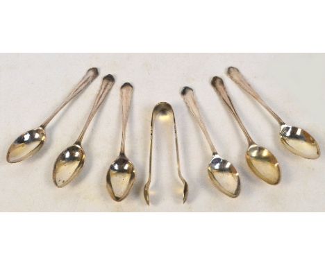 A cased set of six George V hallmarked silver teaspoons and matching sugar tongs, William Hutton & Sons Ltd, Sheffield 1926, 