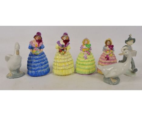 Four Coalport figures; three "Bridesmaid" and one "Miss Prudence", two Nao figures of geese and a similar German figure of a 