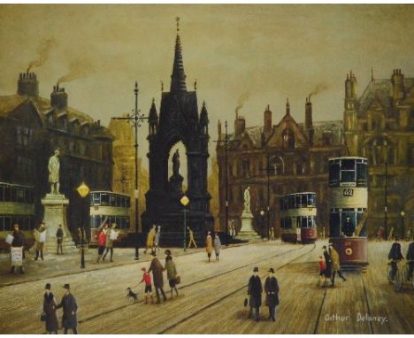 After ARTHUR DELANEY; a signed limited edition colour print, Albert Square with numerous trams and people, signed in pencil, 