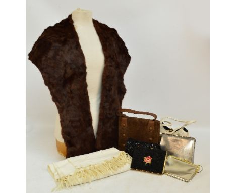 A group of six purses/evening bags to include a bead and floral embroidery decorated example, and a leather rectangular examp