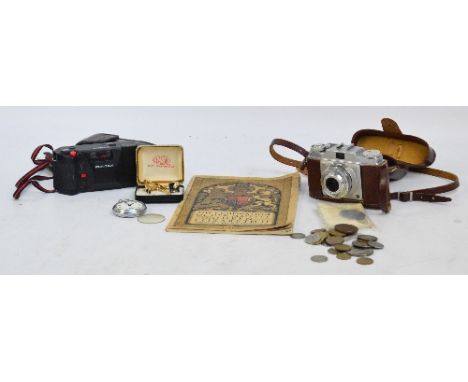 A vintage leather cased AGFA camera, a further Pentax example with manual, a small group of coins, a chrome cased pocket watc