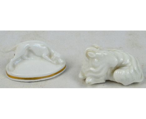 A Royal Worcester "Ram" netsuke, green printed marks, date code obscured, length 6cm and a modern Royal Worcester small cream