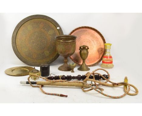 A quantity of Eastern metalware including a Benares type tray, a hookah pipe etc.