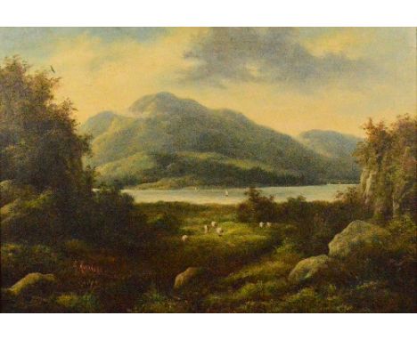 R. MARSHALL; oil on canvas, lake landscape with sheep in foreground, signed, 50 x 76cm, framed.