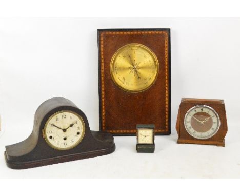 An Edwardian mahogany and inlaid rectangular barometer, two mantel clocks and a Brabingtons of London retail travelling clock