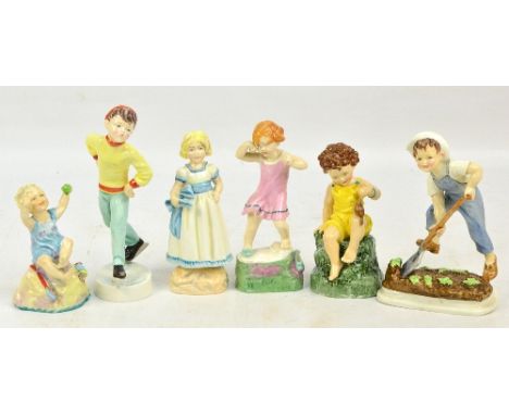 A set of six Royal Worcester days of the week children figures; 3257 "Monday's Child is Fair of Face", 3534 "Tuesday's Child 