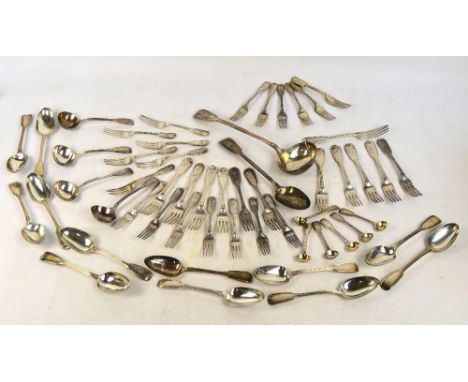 A set of Victorian hallmarked silver fiddle thread pattern flatware, comprising twelve tablespoons, twelve table forks, eight