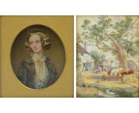 In the manner of MYLES BIRKET FOSTER; watercolour, figure beside horses watering outside an inn, bears monogram lower right, 