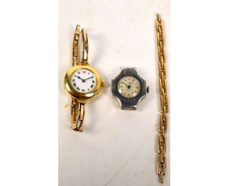 An early 20th century lady's 18ct yellow gold cased manual wind wristwatch, the circular white enamel dial set with Roman num