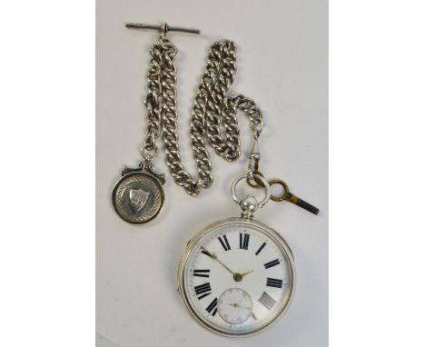 A late 19th century silver cased open face key wind pocket watch, the circular enamel dial set with Roman numerals and subsid