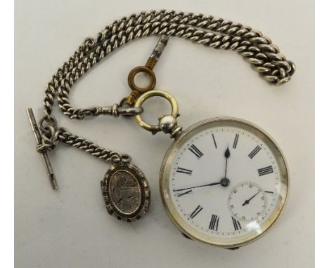 A late 19th/early 20th century Swiss silver cased open face key wind pocket watch, the circular enamel dial set with Roman nu