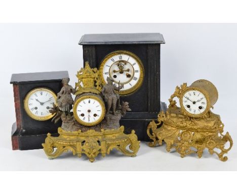 A French slate mantel clock inset with rose marble sides, the circular white enamel dial set with Roman numerals, height 22.5